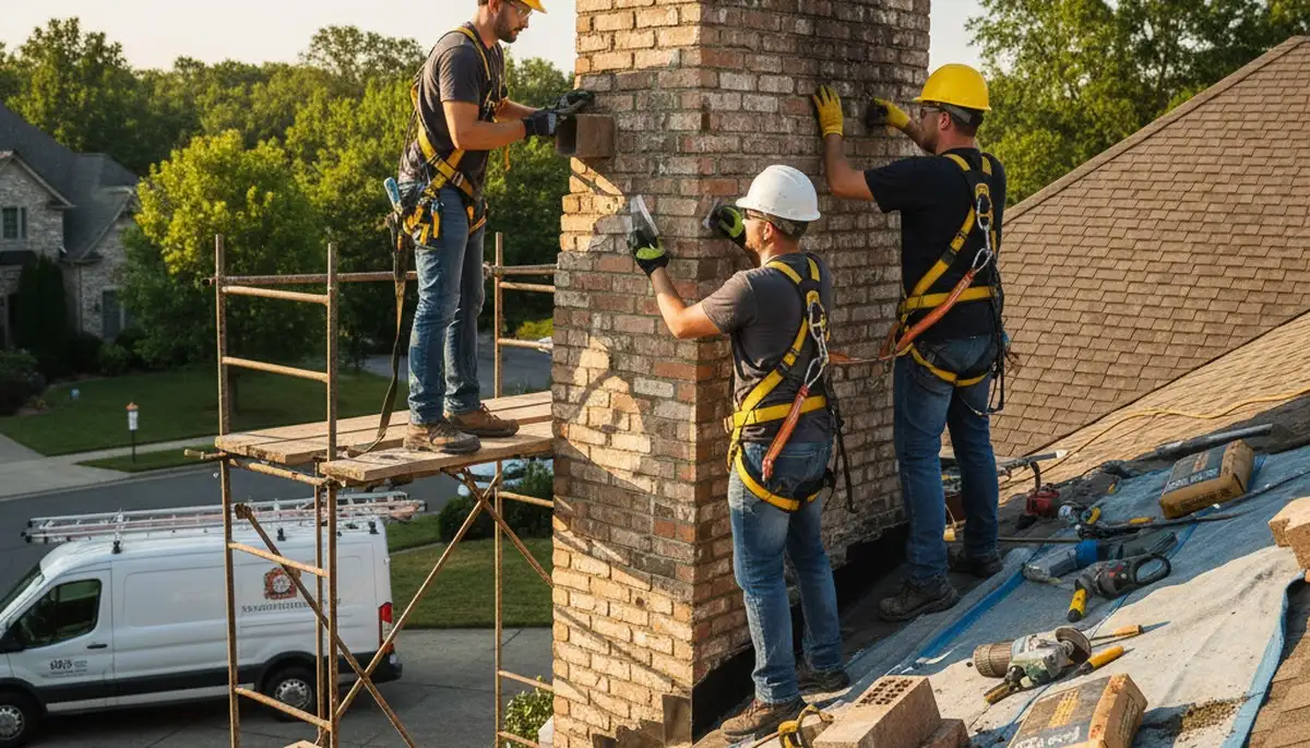 Denver chimney repair crew fixing cracked mortar on a home in Denver, CO