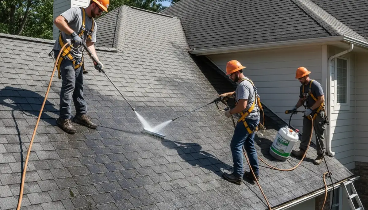 Denver siding contractor inspecting roof cleaning service on a home in Denver, CO